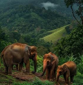 Wild elephants in photorealistic scene